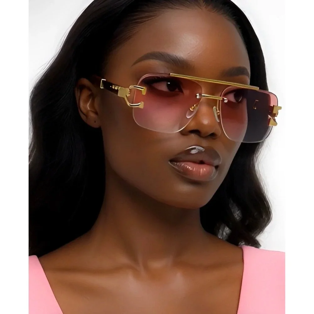 Pink Gradient Rimless‎ Square Women Sunglasses Gold Panther Wood Grain Temples